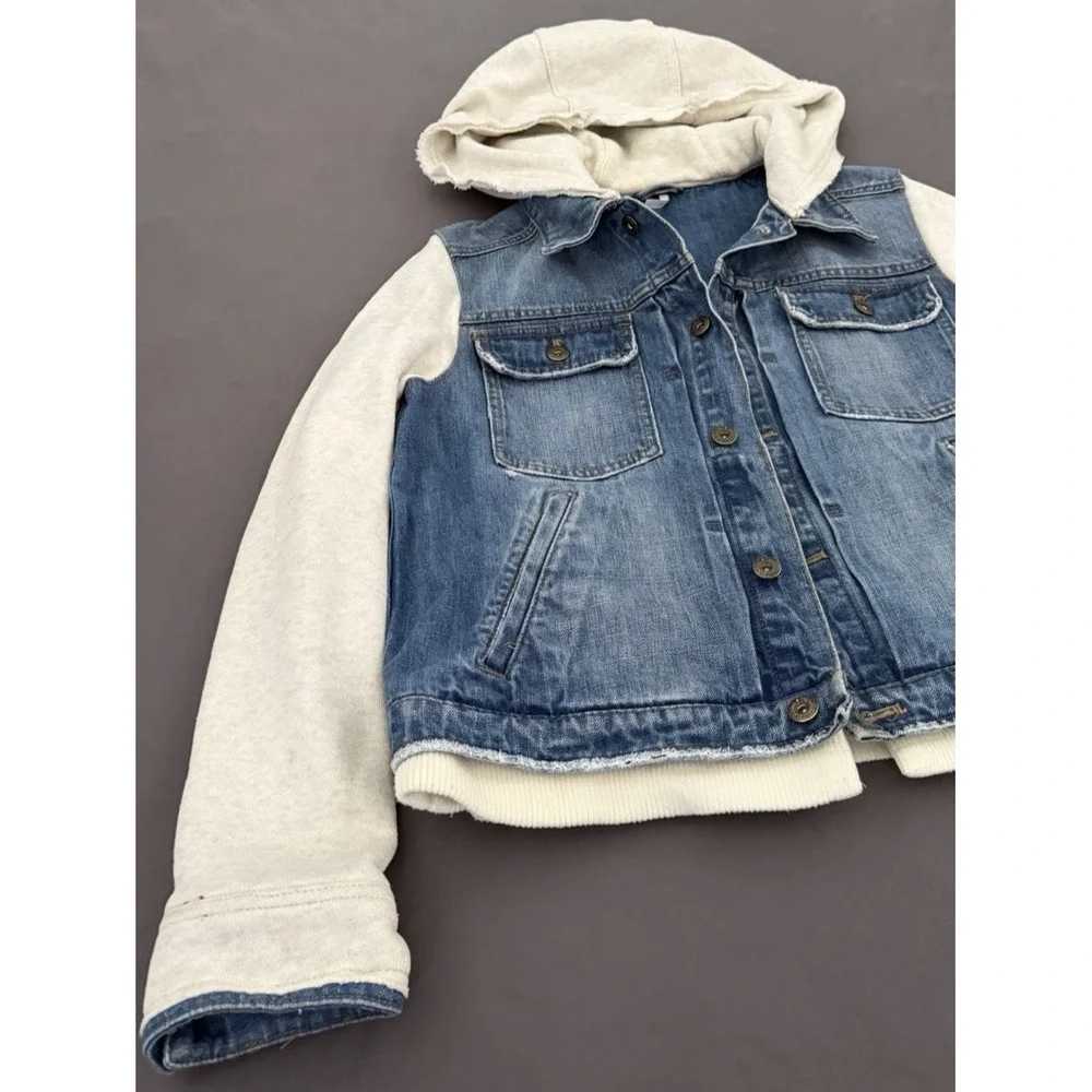 Free People Jacket Womens Size Large Blue Denim Knit Hooded Layered Jean Boho - Picture 3 of 12